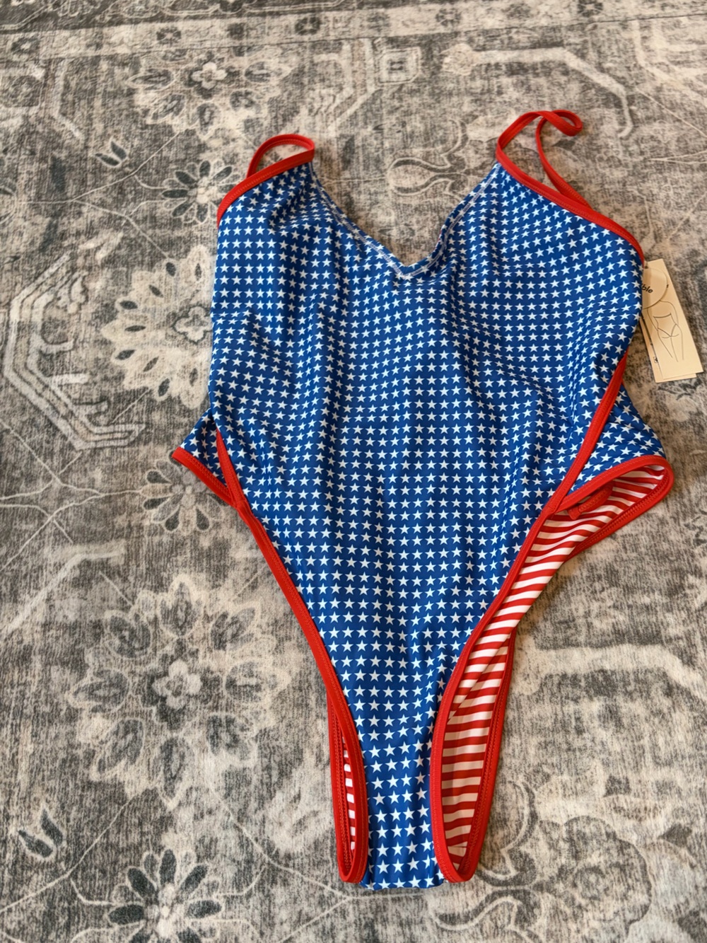 No Boundaries reversible Blue Star Print One-Piece Swimsuit with Red Trim